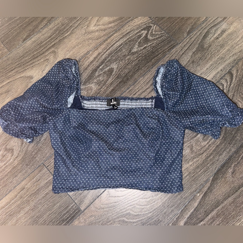 Lulus Navy Blue & White Polka Dot Fitted Short Sleeve Crop Top